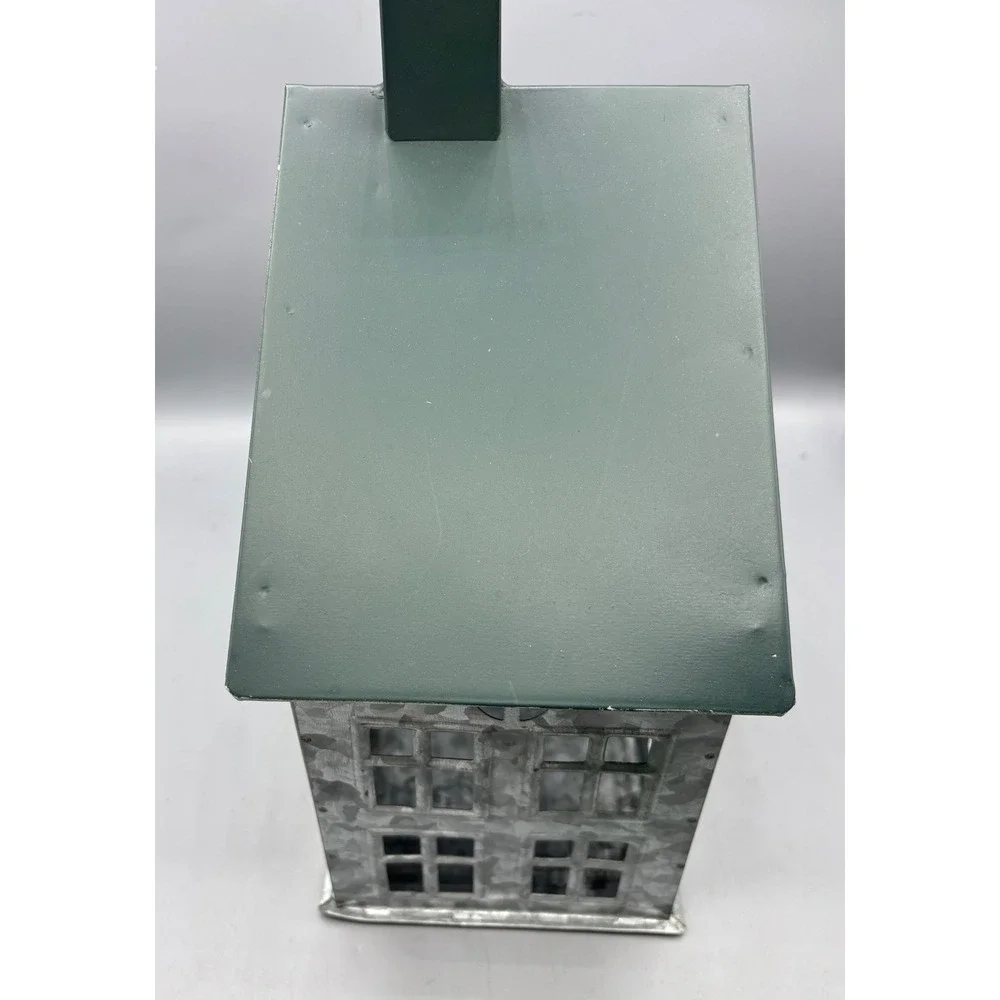 Galvanized Metal House Lantern‎ Green Roof Chimney Decorative Accent